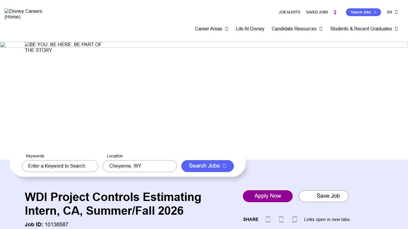 WDI Project Controls Estimating Intern, CA, Summer/Fall 2026 at DISNEY - Disney Careers